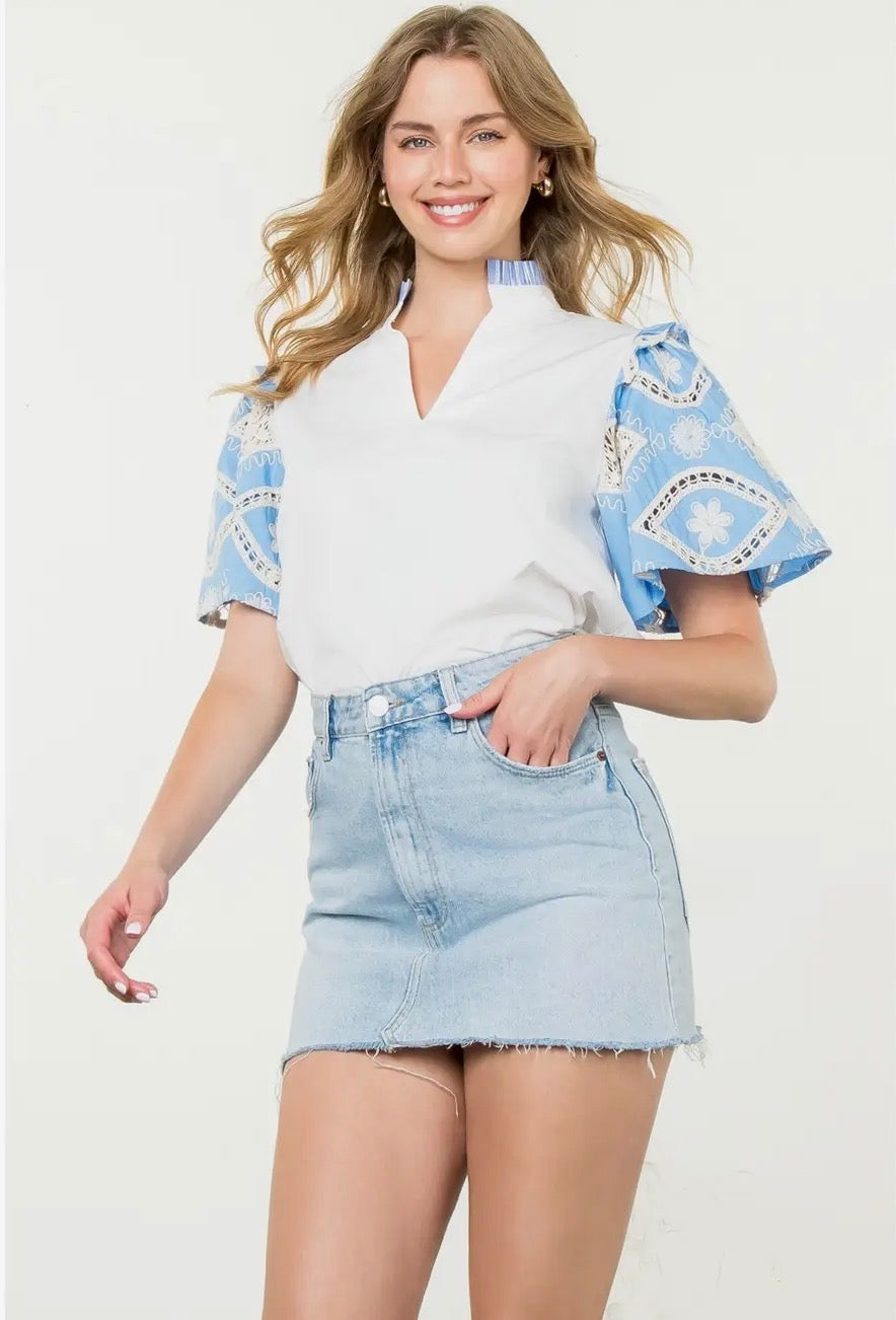 Blue Skies Embroidery Detail Poplin Sleeve Blouse~ THML