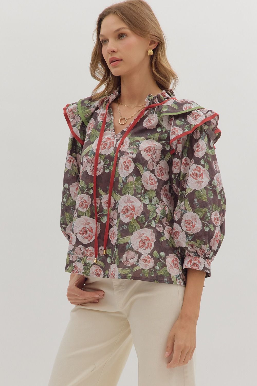 Brown Floral Ruffle Blouse