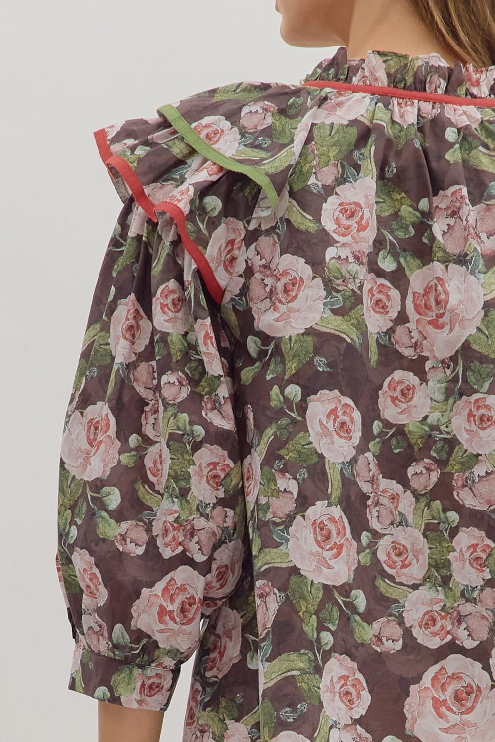 Brown Floral Ruffle Blouse