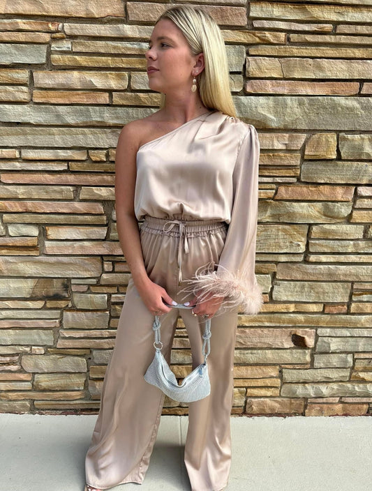 Champagne Feathered Jumpsuit