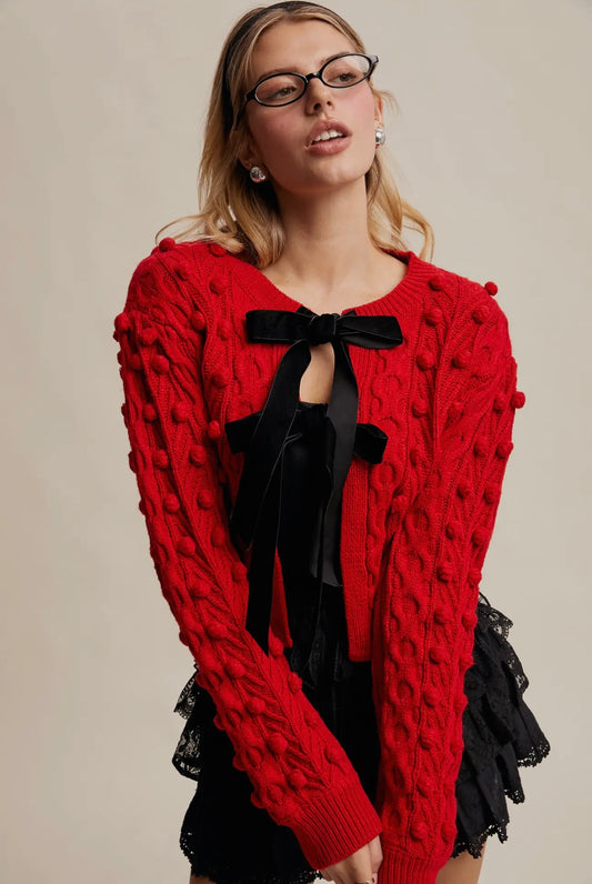 Pom Cable Knit Tie Velvet Bow Cardigan Red/Black