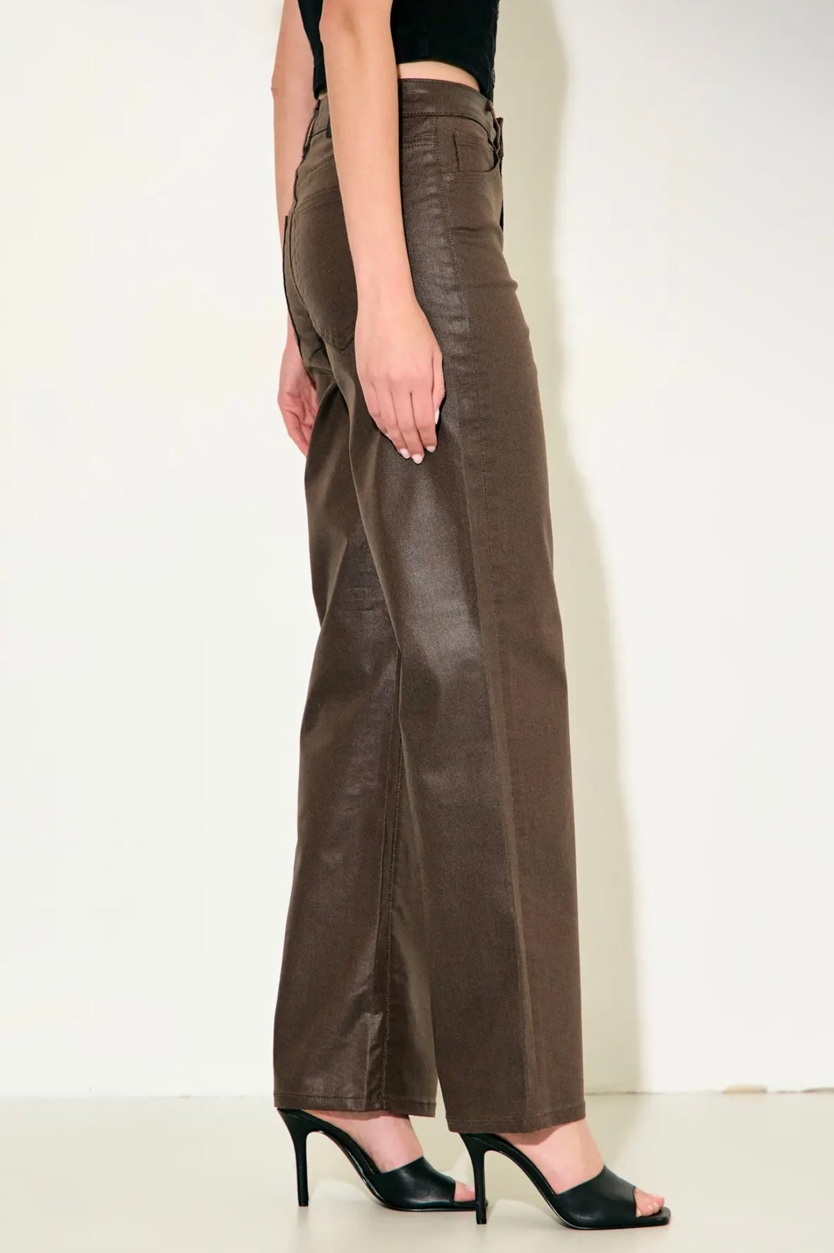 Ella High Rise Brown Coated Classic Straight Hidden Jeans ~inseam 31