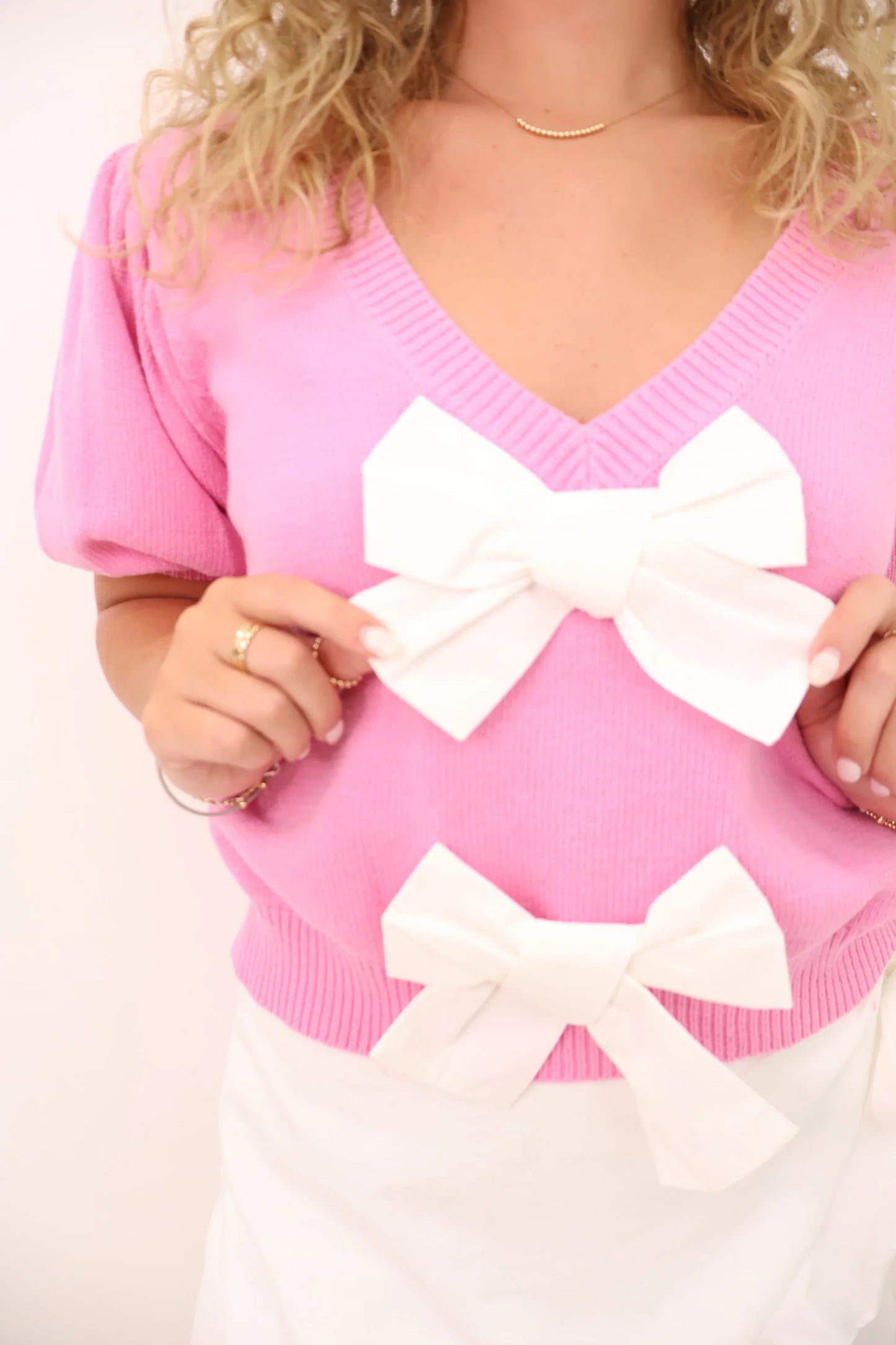 Pink Bow Puff Sleeve Sweater