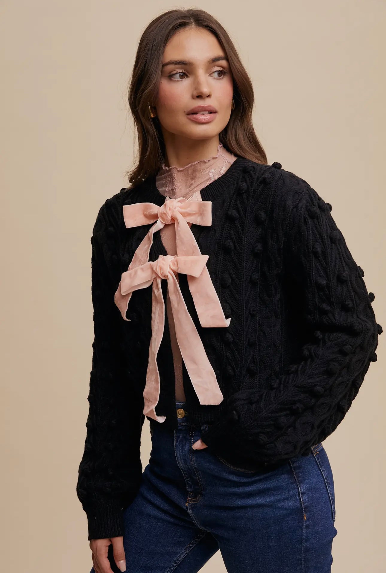 Pom Cable Knit Tie Velvet Bow Cardigan Black/Pink