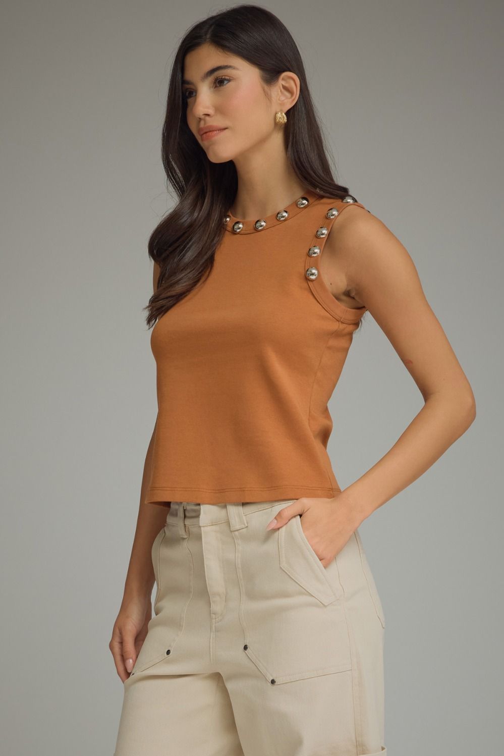 Camel Studded Knit Blouse