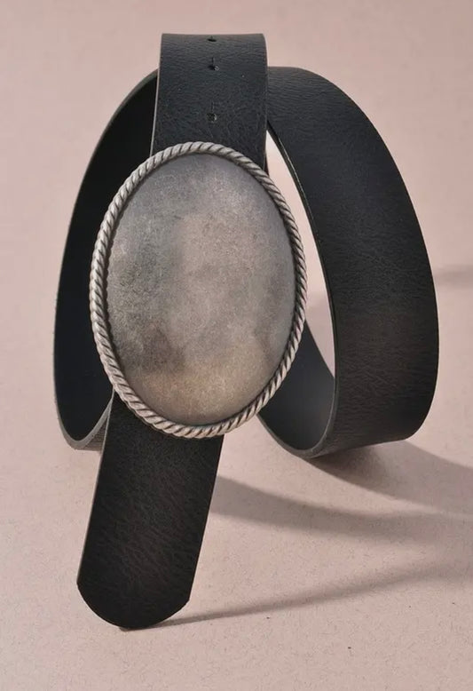 Western Oval Buckle, Faux, Leather Belt-Black/Silver