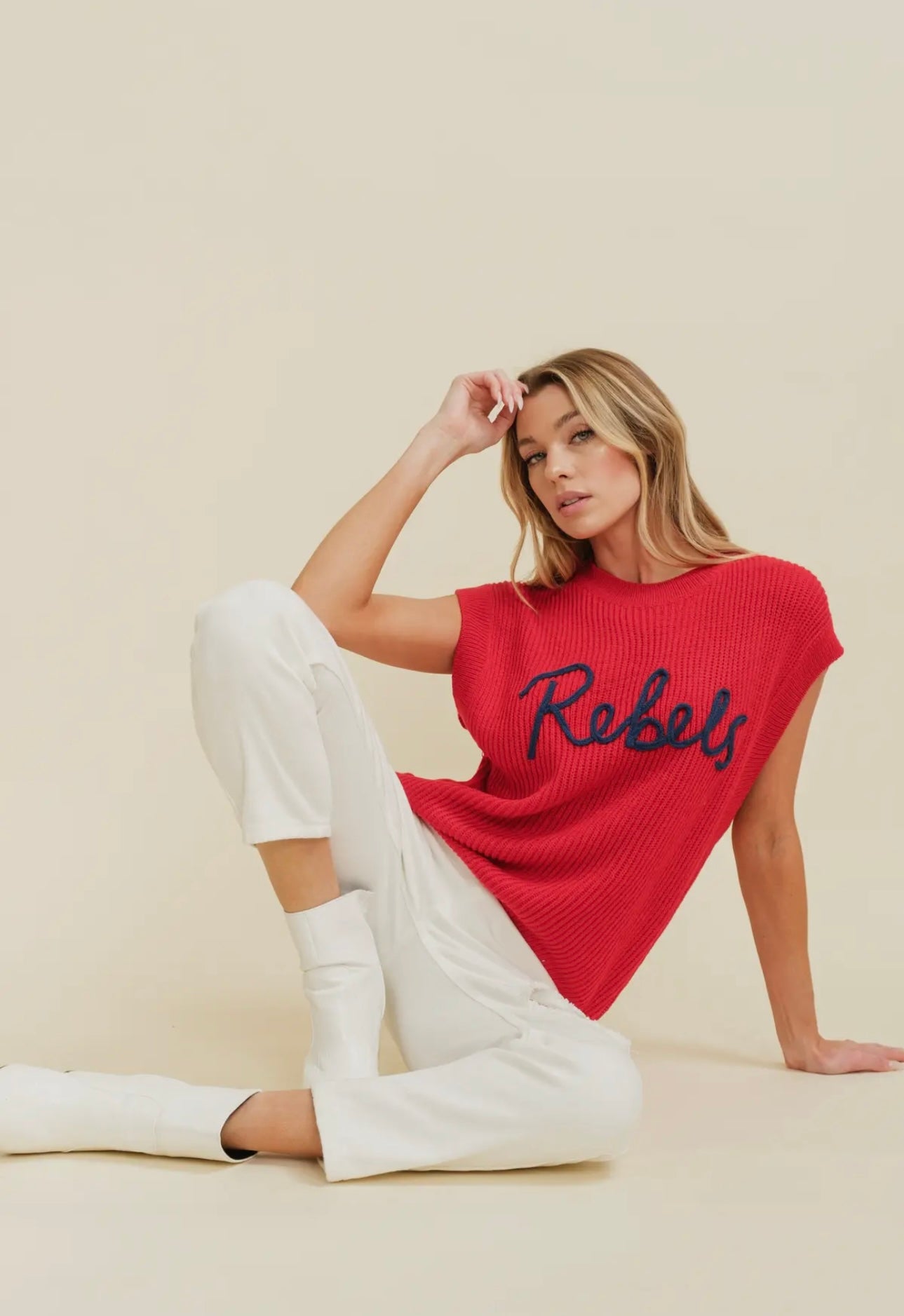 Rebels Embroidered Sleeveless Sweater Top