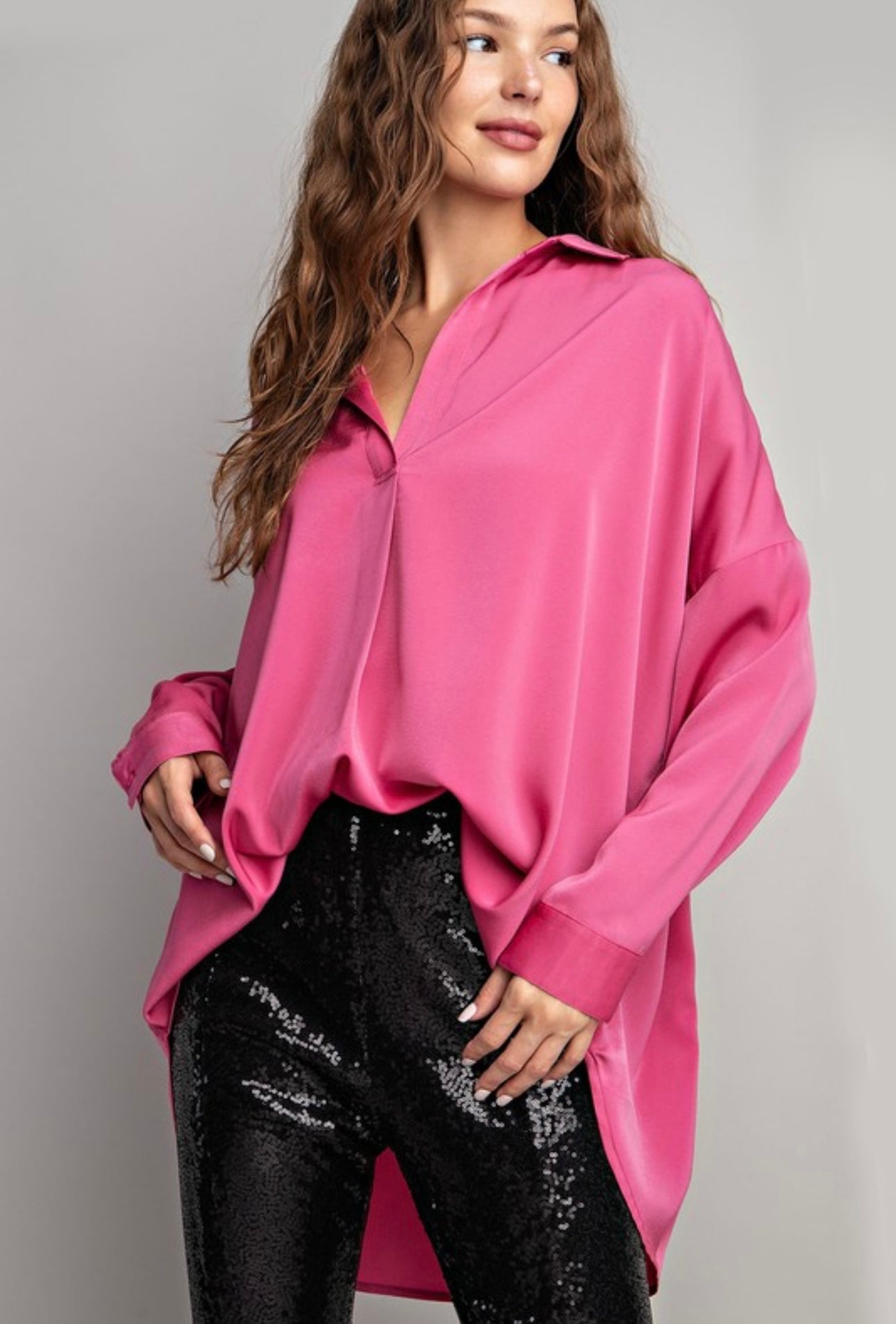 Hot Pink Silk Long Sleeve Top