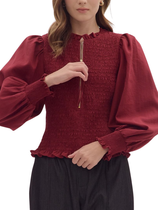 Burgundy Smocked Blouse