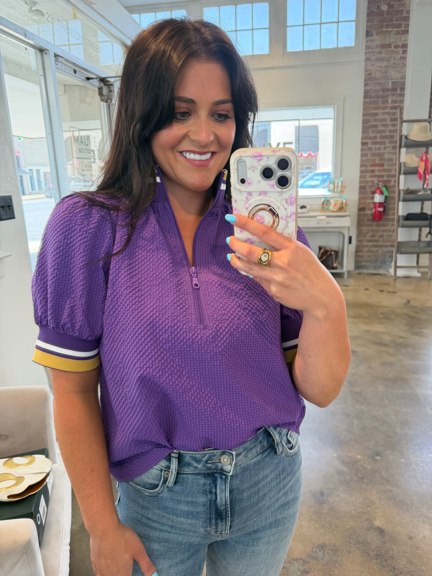 Purple & Yellow Puff Sleeve Blouse