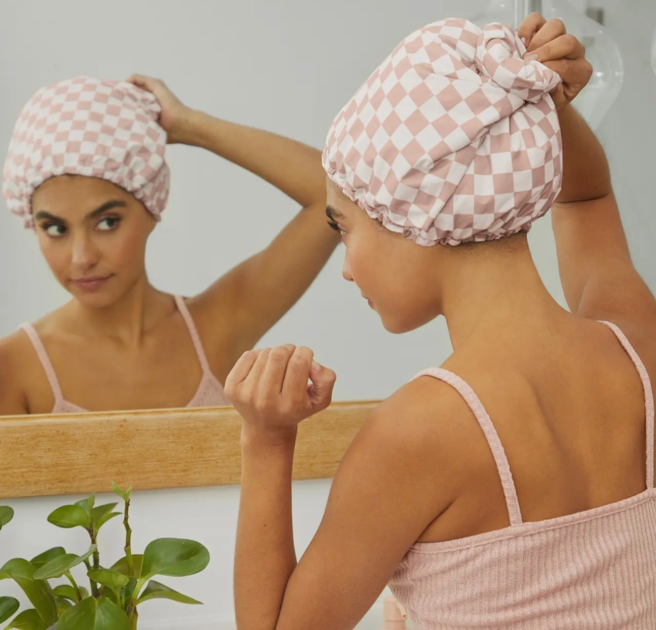 Kit*sch Satin Lined Terracotta Checker Flexi Shower Cap