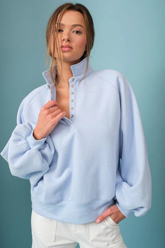 PaperMoon Sky Blue Piper Snap Collard Sweatshirt