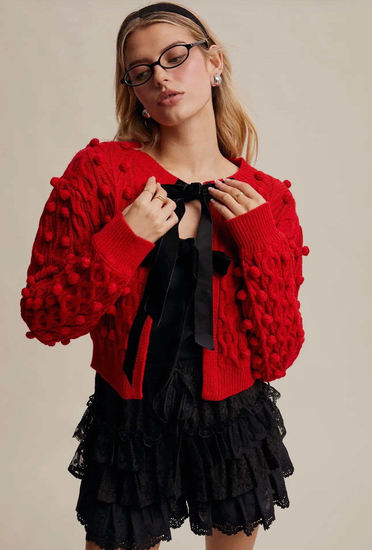 Pom Cable Knit Tie Velvet Bow Cardigan Red/Black