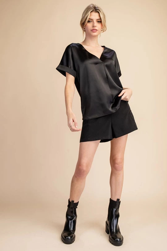 Short Sleeve Silk Blouse Black