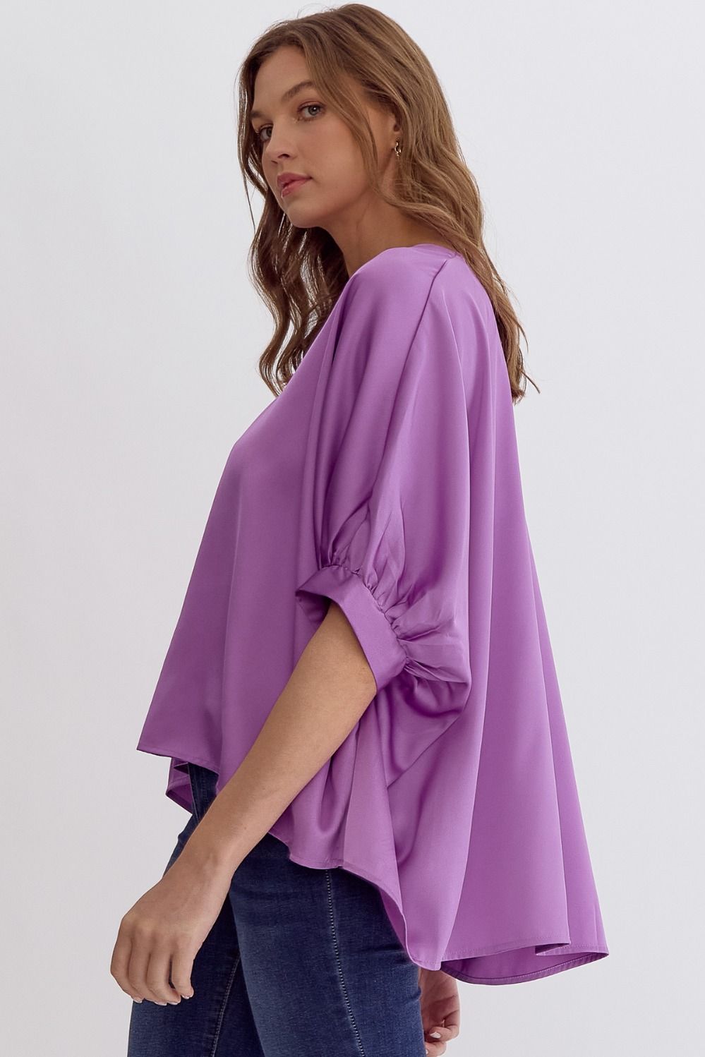 Satin V-Neck 1/2 Sleeve Top- Violet