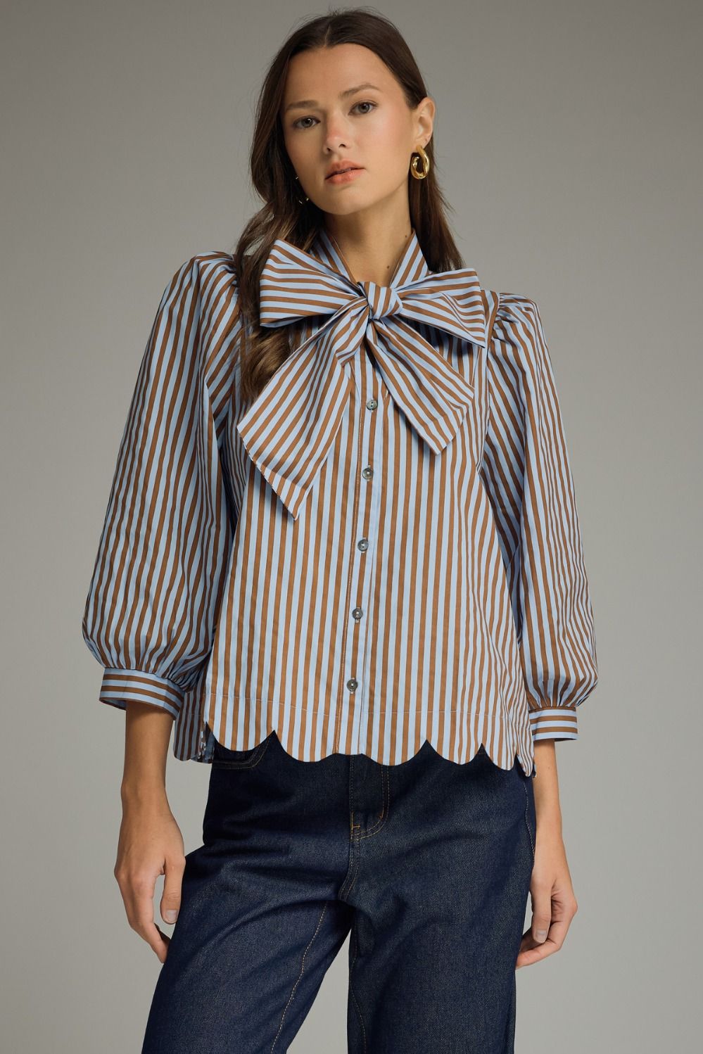 Uptown Allure Striped Blue & Brown Bow Blouse