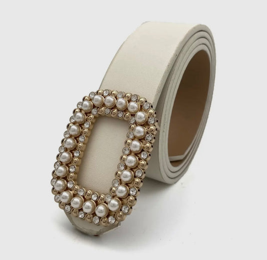 Round Diamond Pearl Belt Beige