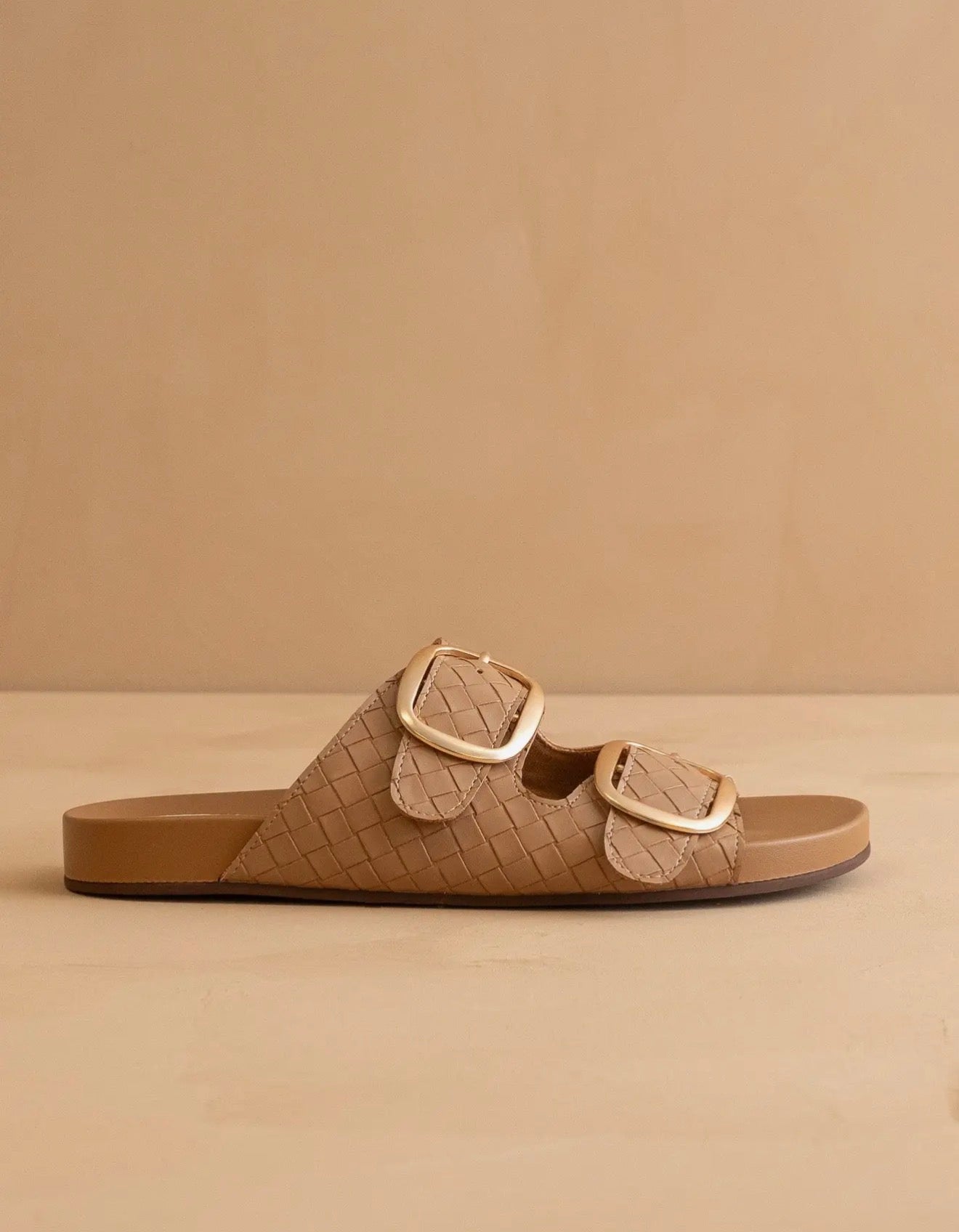 Desiree Almond Woven Slides With Oversized Gold Buckles