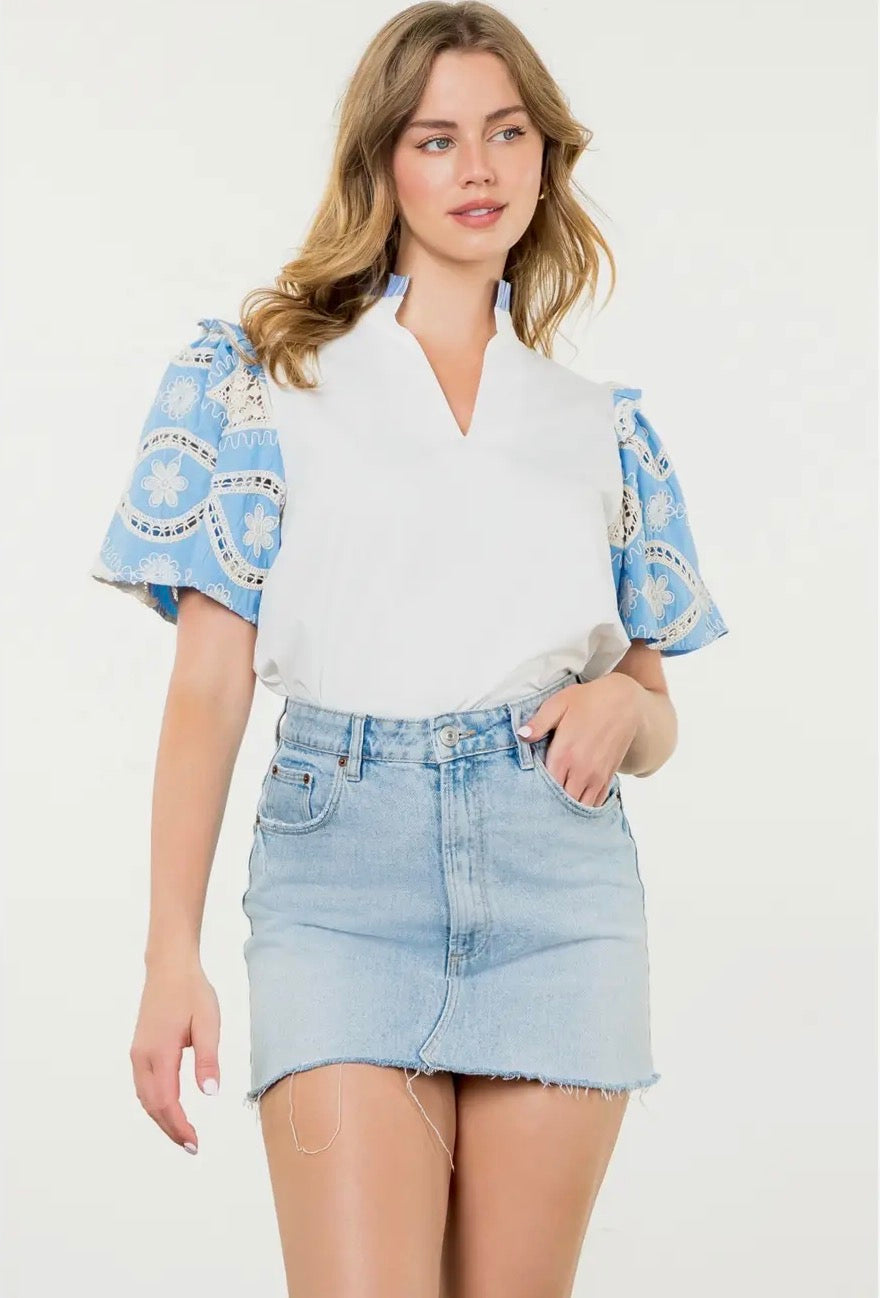 Blue Skies Embroidery Detail Poplin Sleeve Blouse~ THML