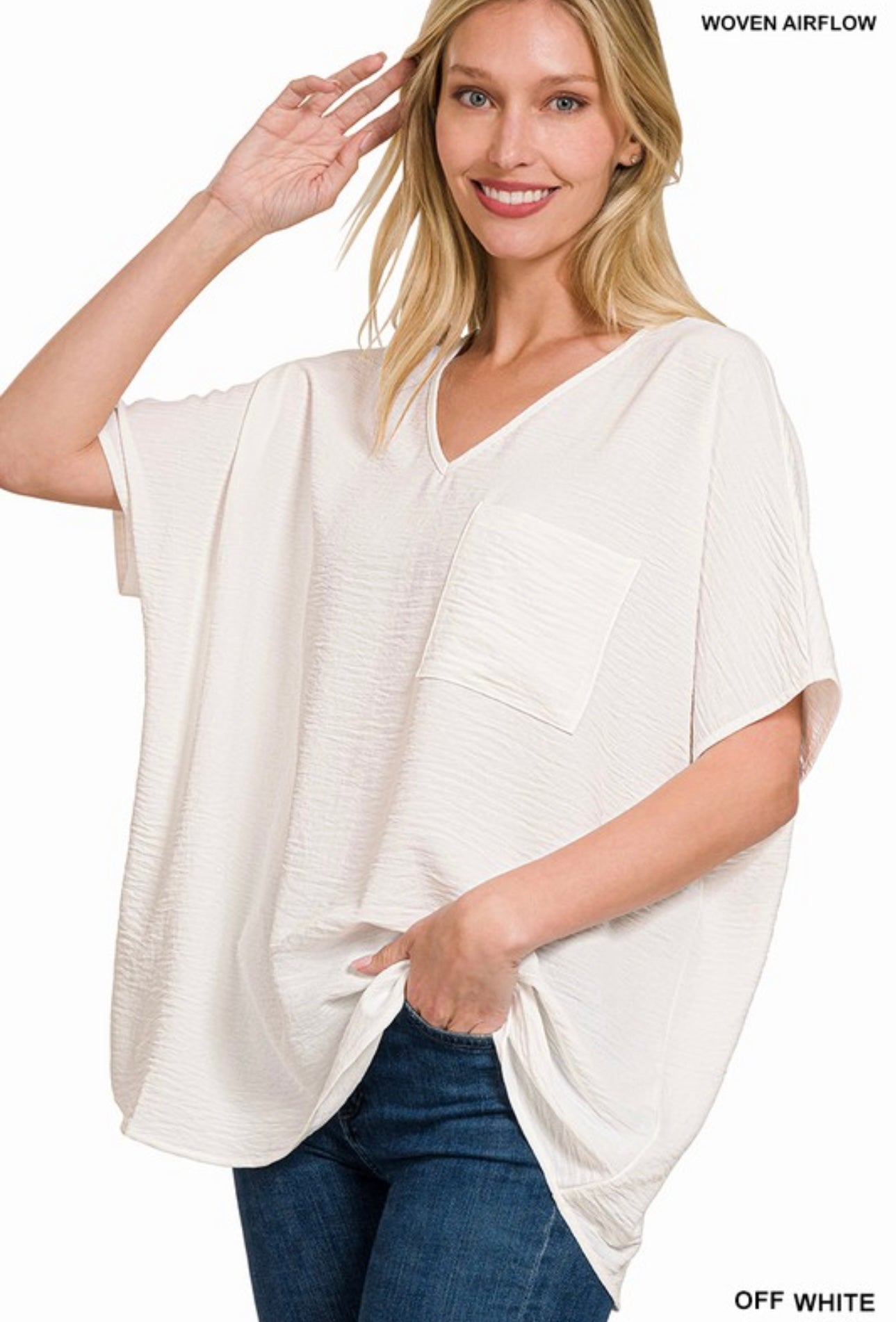 Woven V Neck Top- Off White