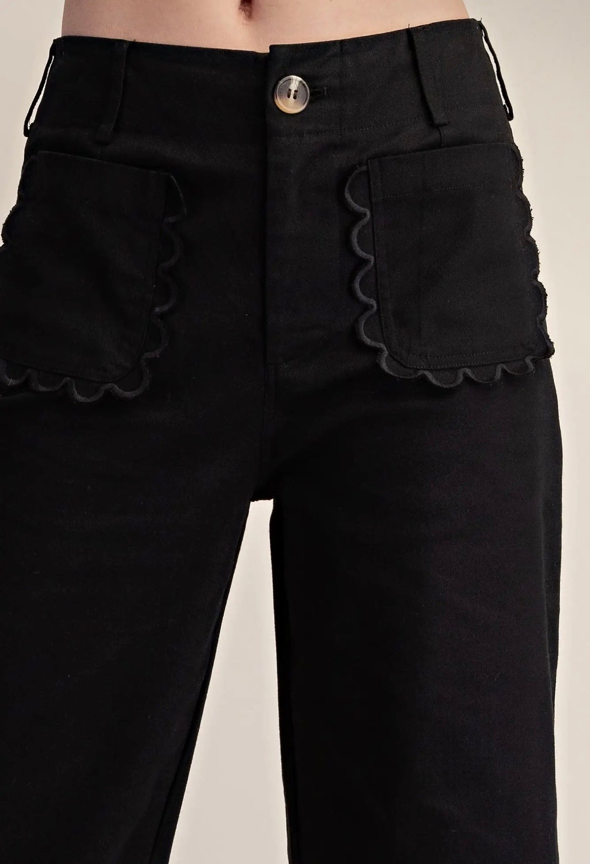 Wide~Leg Scalloped Pocket Detail Pants~ Black