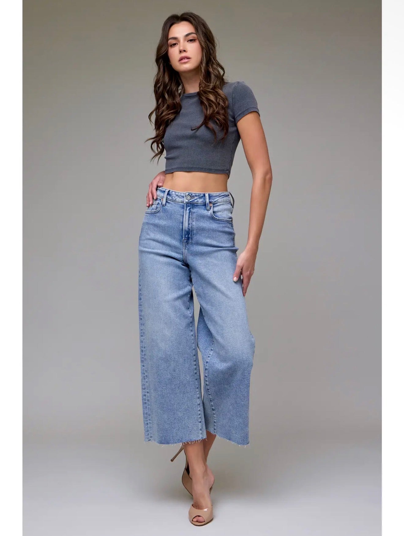 Hidden Nori Medium Light Clean Stretch Cropped Wide Leg Jeans