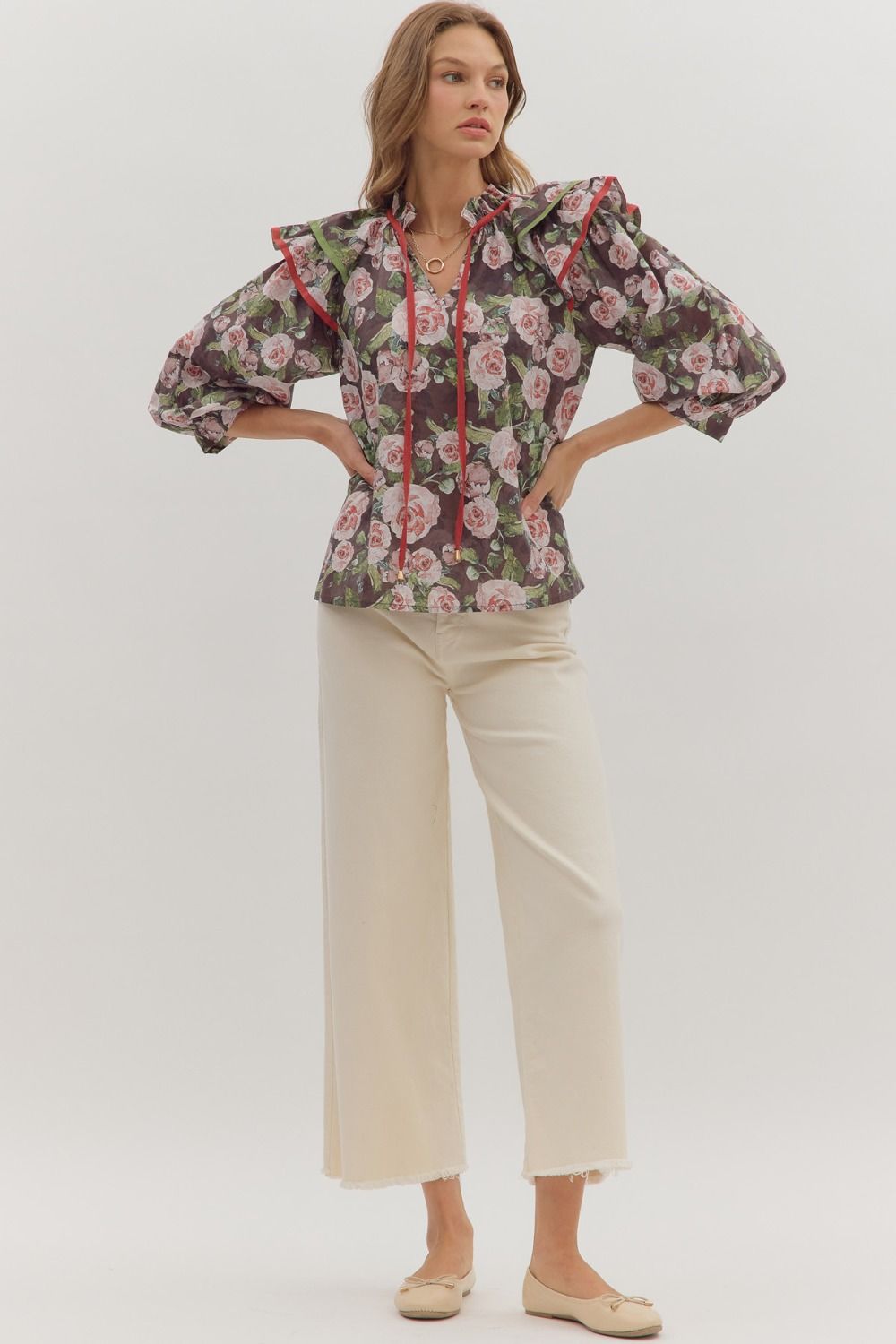 Brown Floral Ruffle Blouse