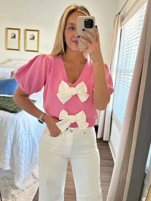 Pink Bow Puff Sleeve Sweater