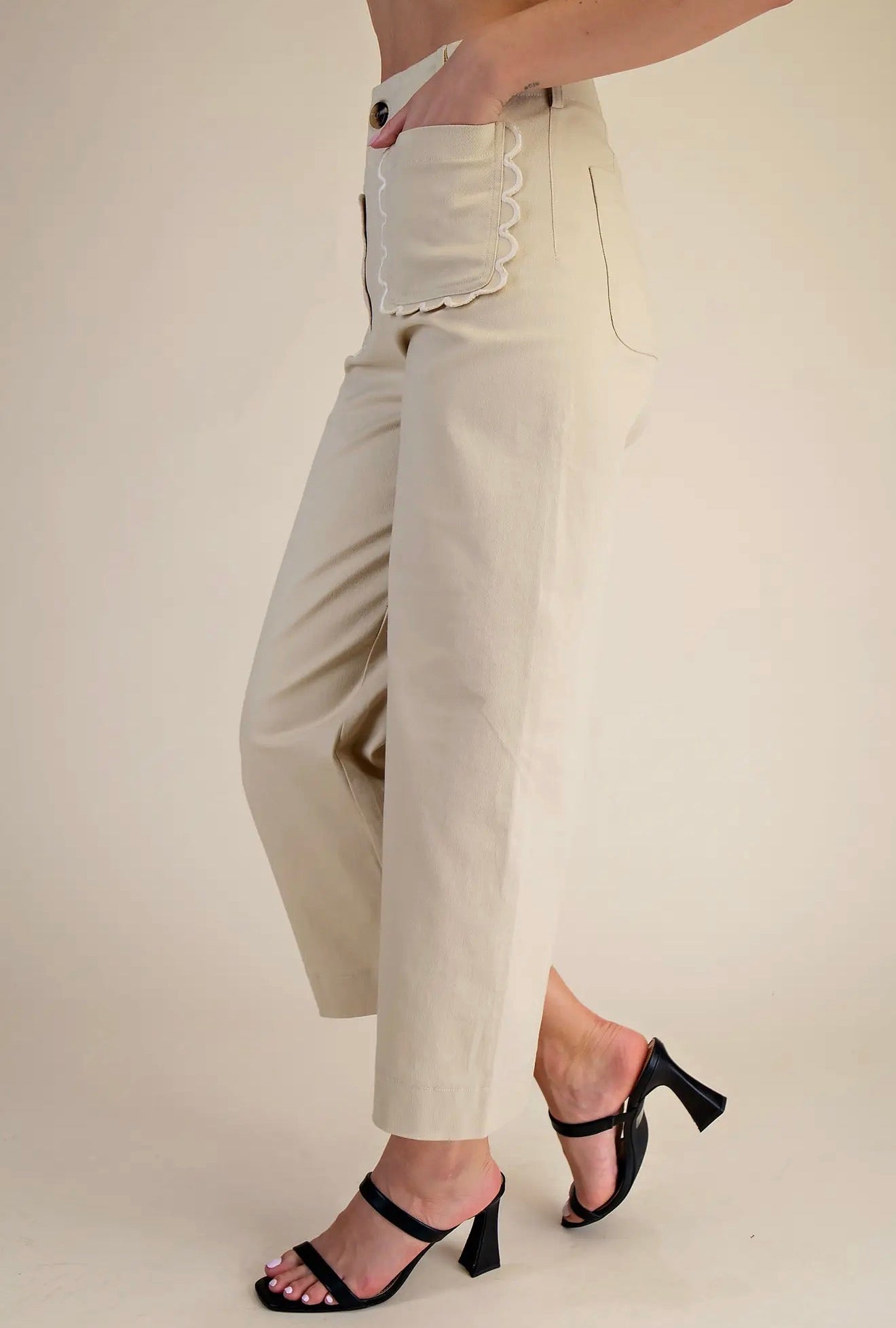 Wide~Leg Scalloped Pocket Detail Pants~ Bone