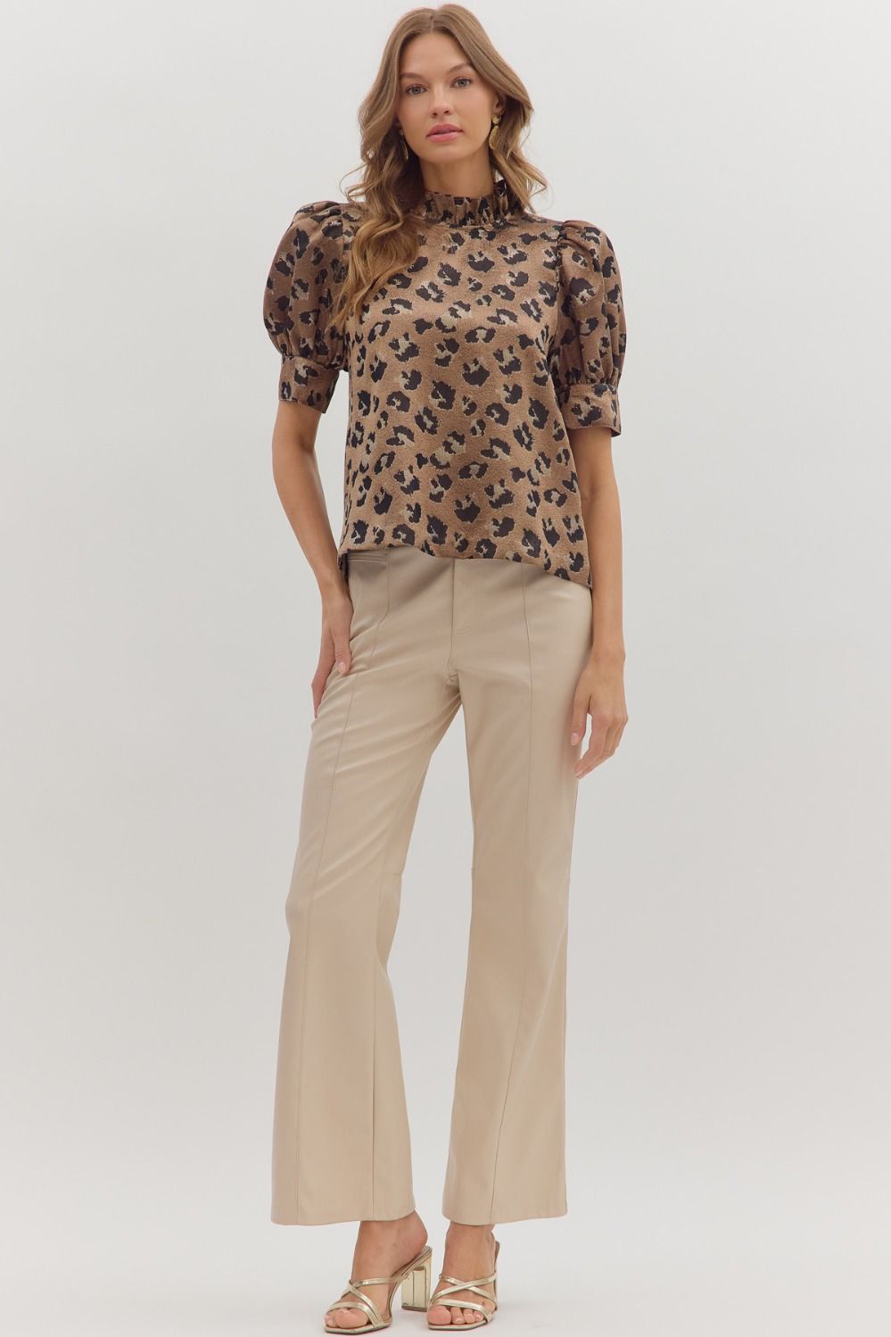 Leopard Metallic Puff Sleeve Blouse- Bronze