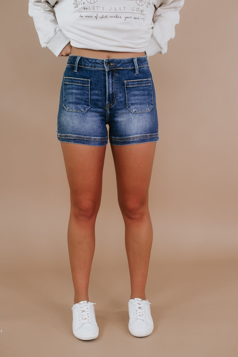 High Rise Patch Pocket Denim Shorts