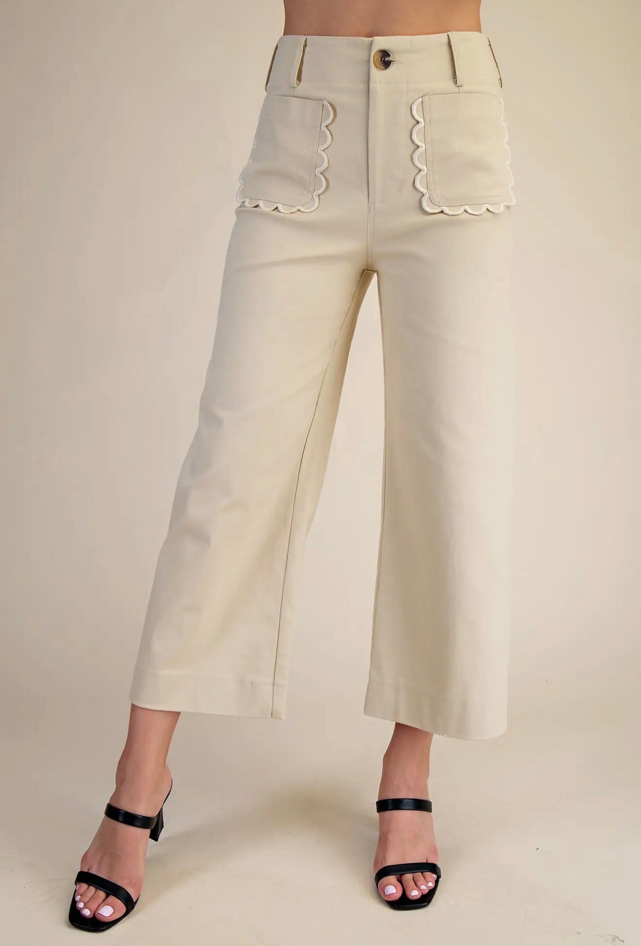 Wide~Leg Scalloped Pocket Detail Pants~ Bone