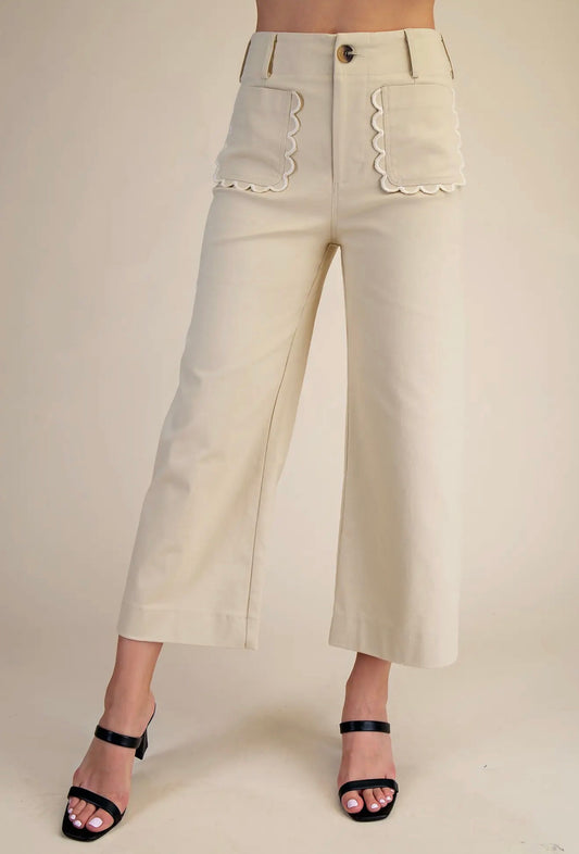 Wide~Leg Scalloped Pocket Detail Pants~ Bone