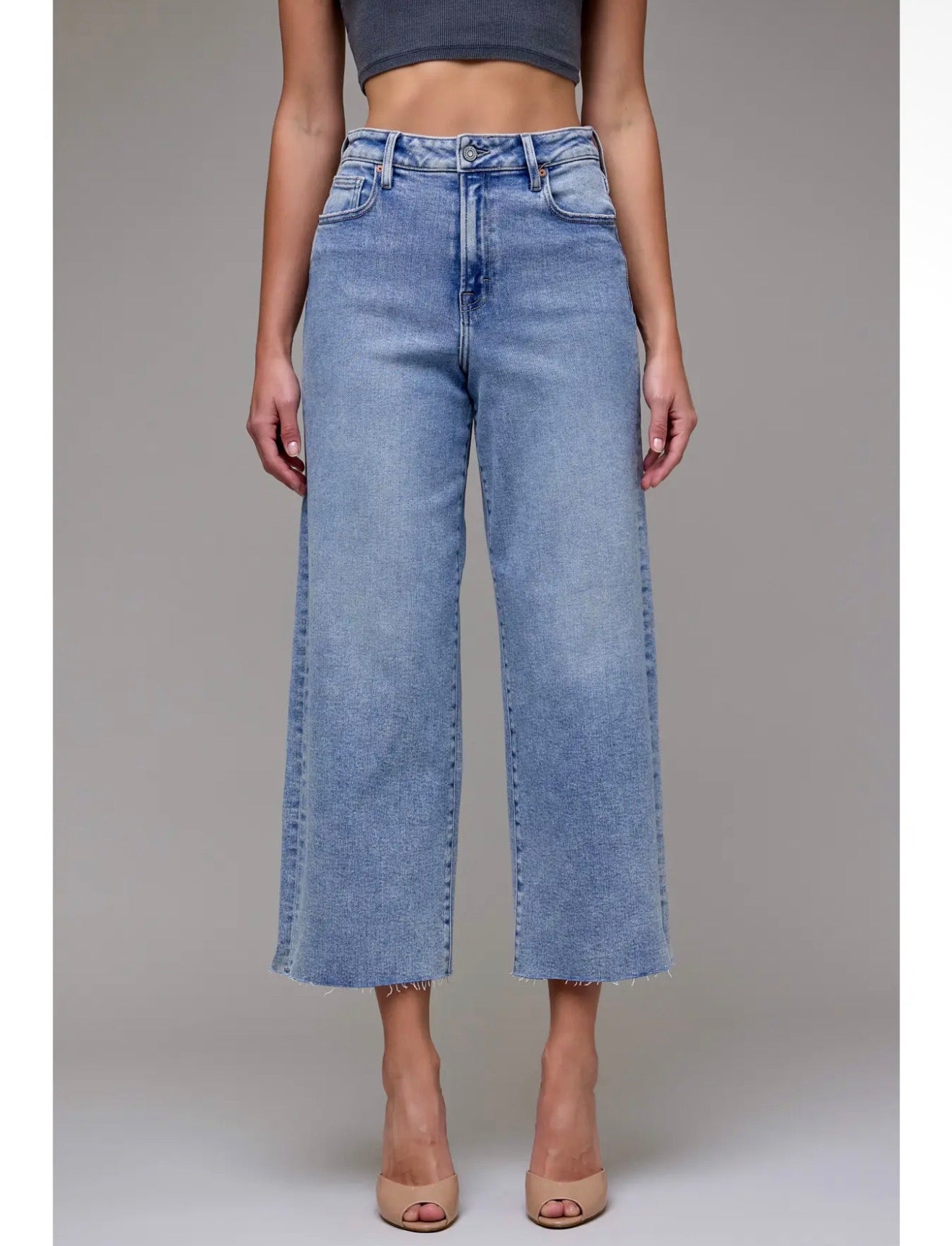 Hidden Nori Medium Light Clean Stretch Cropped Wide Leg Jeans