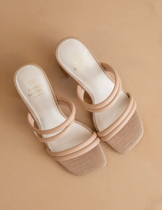 The Angela Nude Strappy Alligator Block Heels