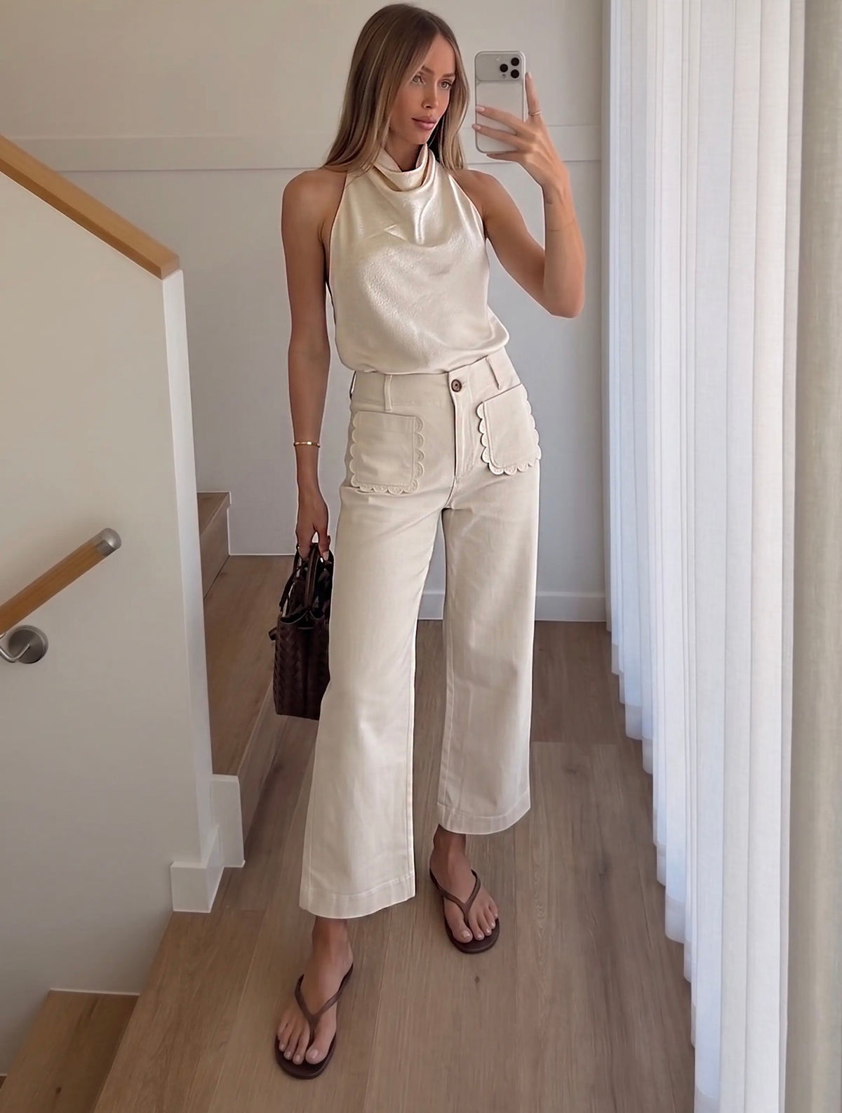 Wide~Leg Scalloped Pocket Detail Pants~ Cream
