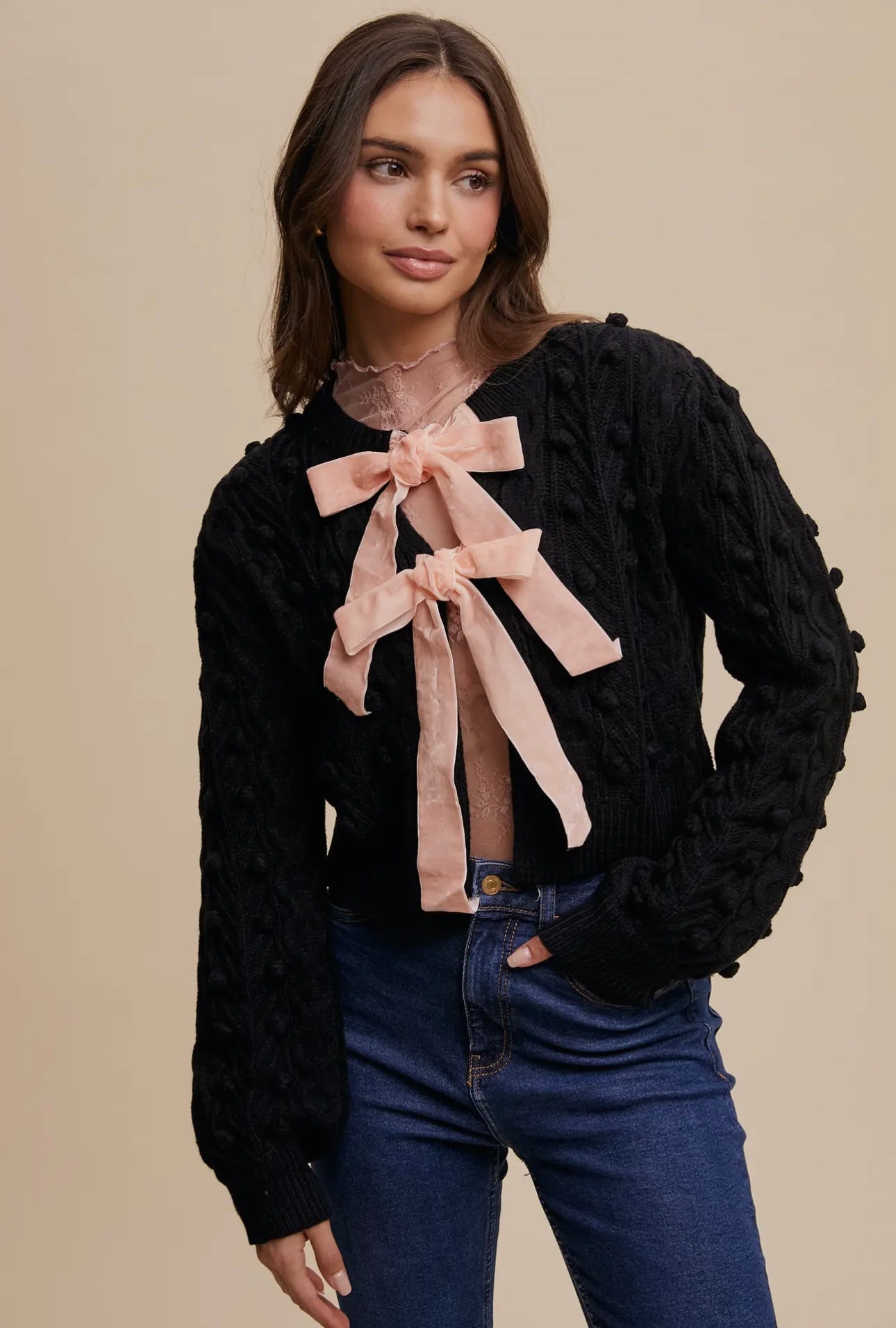 Pom Cable Knit Tie Velvet Bow Cardigan Black/Pink