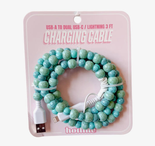 Turquoise Mix Beaded Charger Cable~ DUAL USB-C / USB-A TO DUAL USB-C / LIGHTNING 3 FT