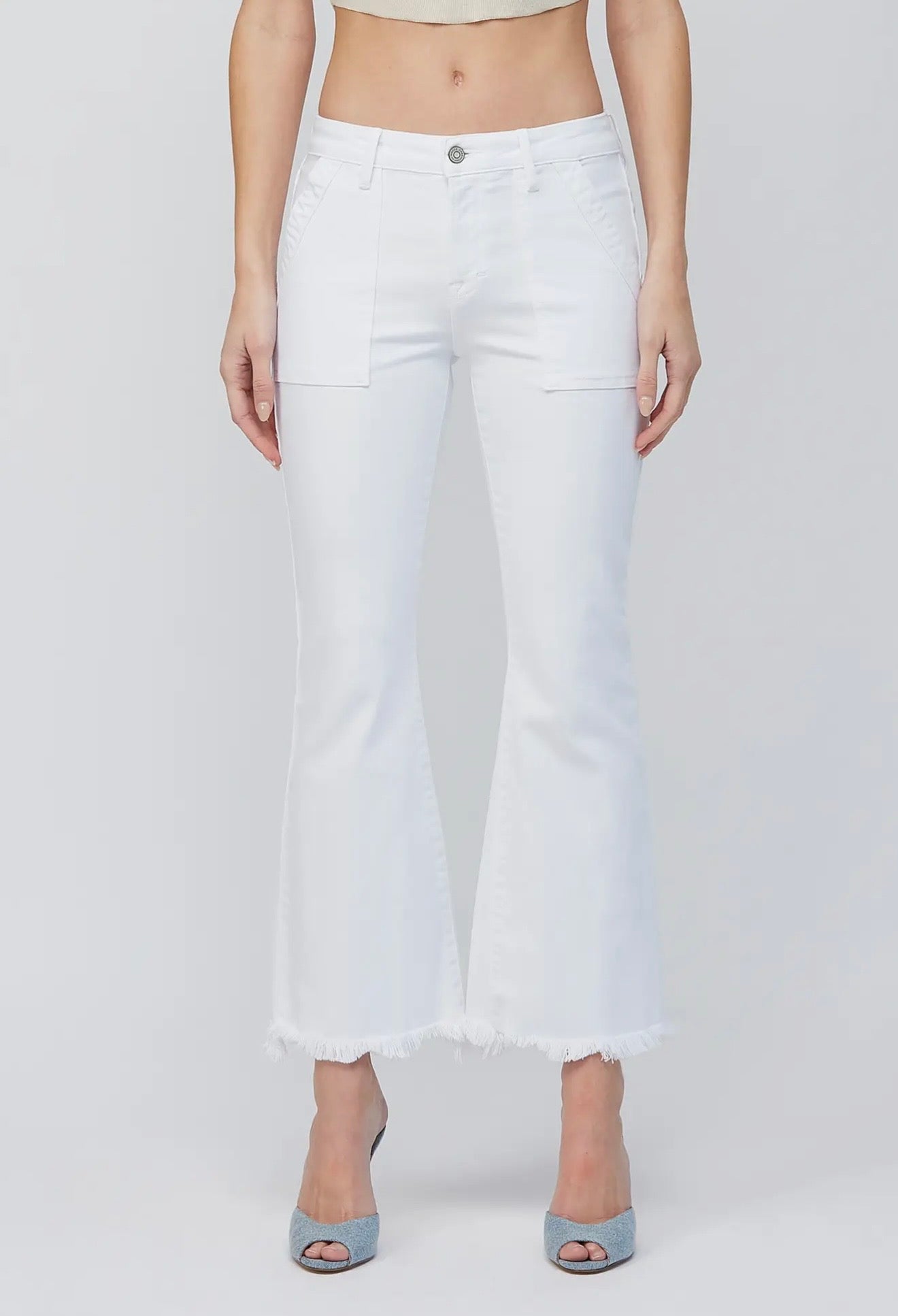 Hidden White Cargo Pocket Cropped Flare Jeans