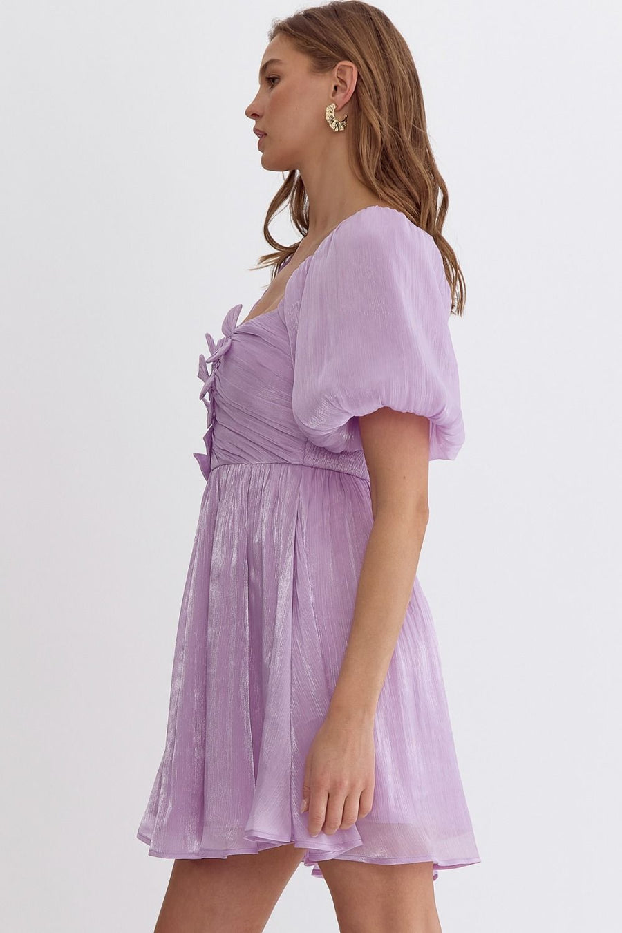 Lavender Iridescent Bubble Sleeve Bow Dress