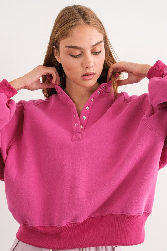 Papermoon Piper Snap Button Collared Sweatshirt- Fuchsia