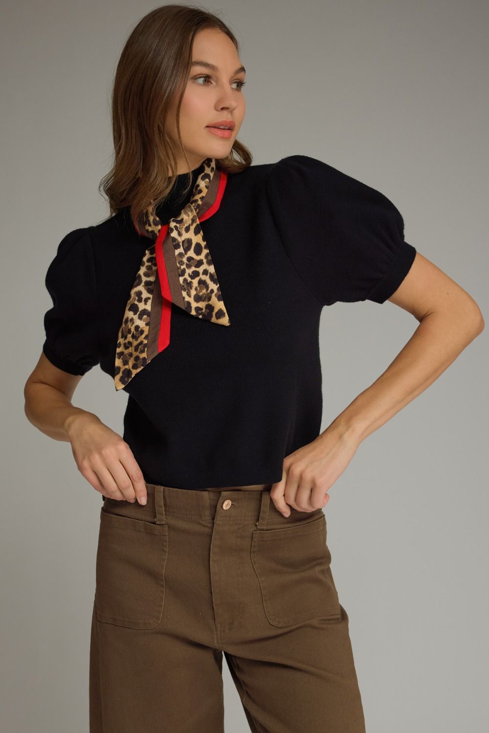 Told You So Black Puff Sleeve Knit Blouse (Scarf Included)