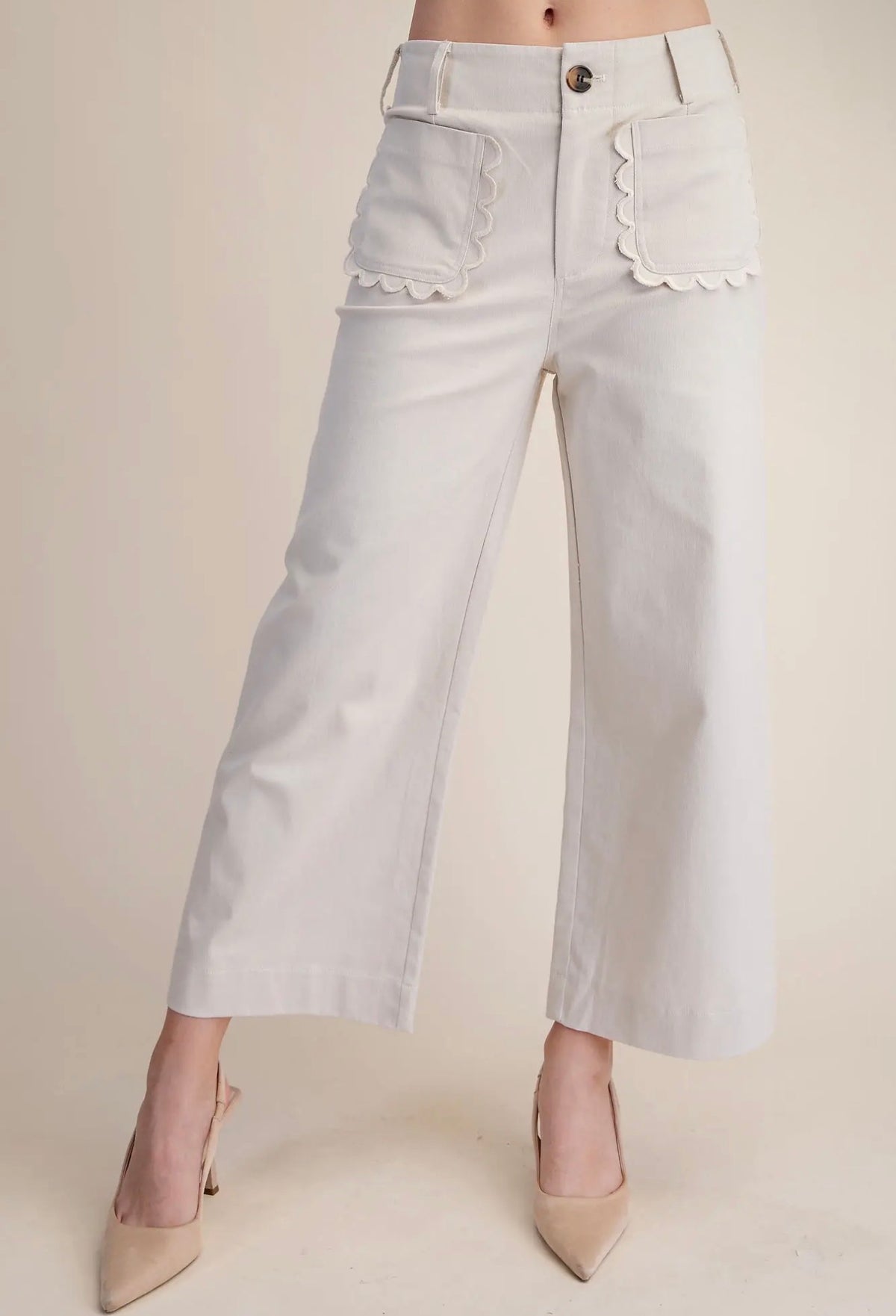 Wide~Leg Scalloped Pocket Detail Pants~ Cream