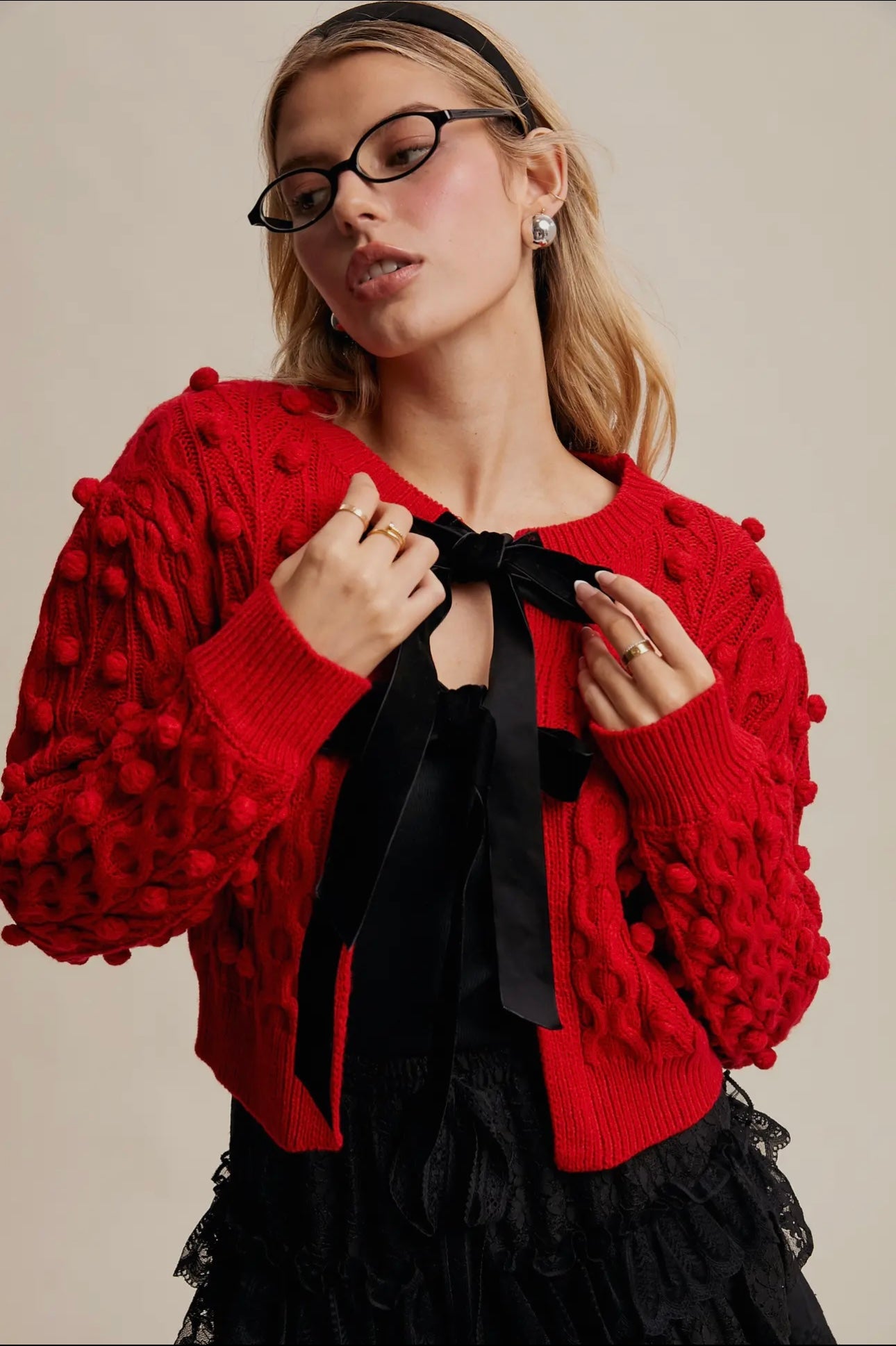 Pom Cable Knit Tie Velvet Bow Cardigan Red/Black