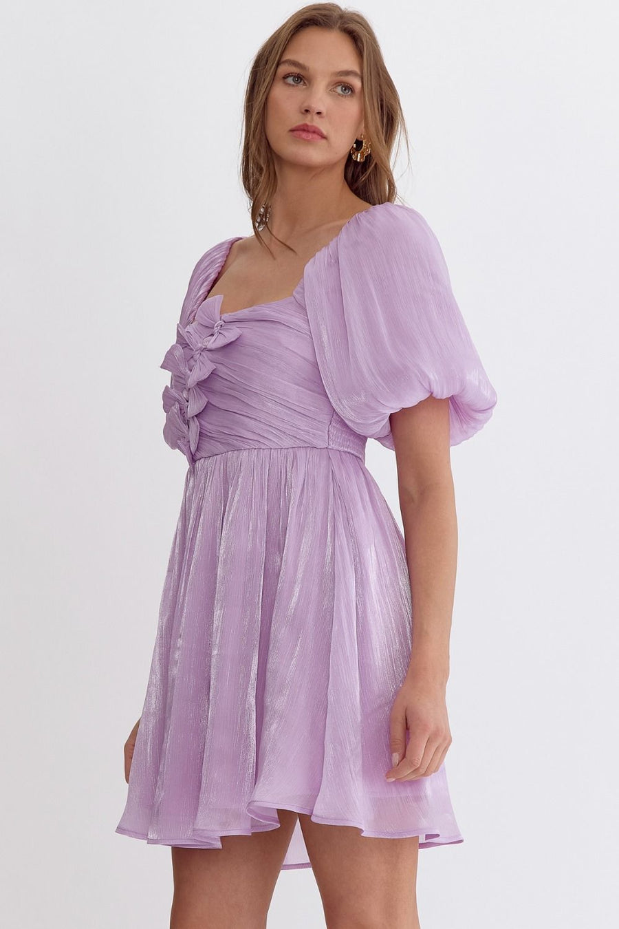 Lavender Iridescent Bubble Sleeve Bow Dress