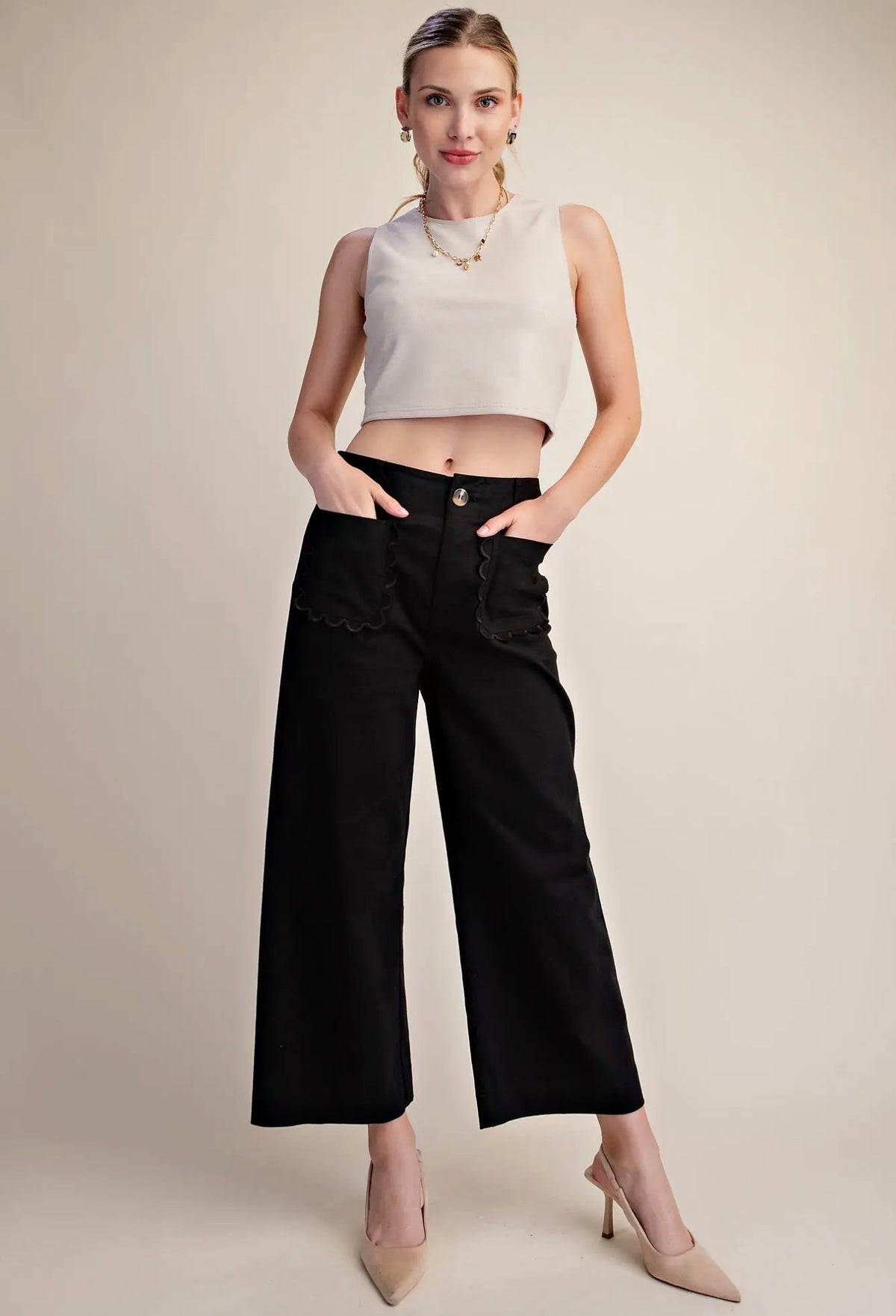 Wide~Leg Scalloped Pocket Detail Pants~ Black