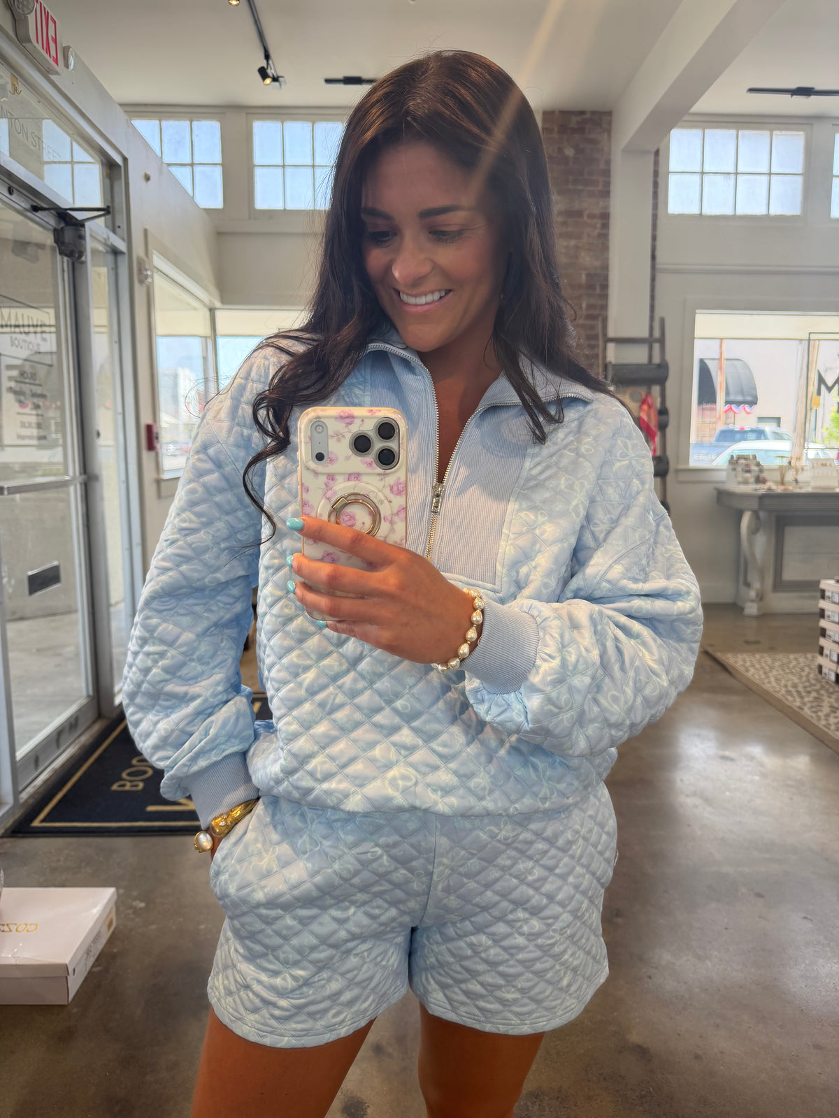 Cozy Sky Blue Quilted Bow Print Set