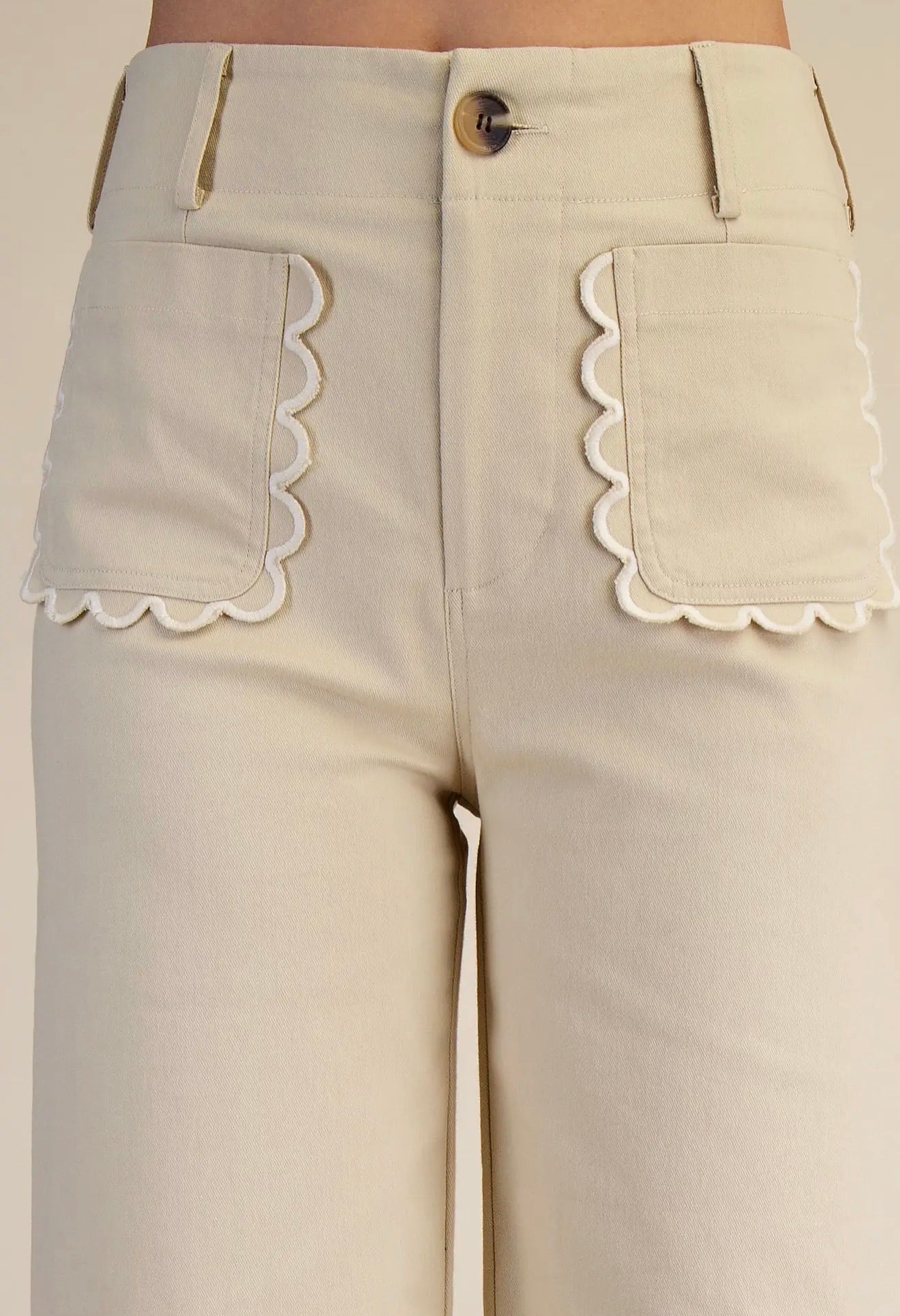 Wide~Leg Scalloped Pocket Detail Pants~ Bone