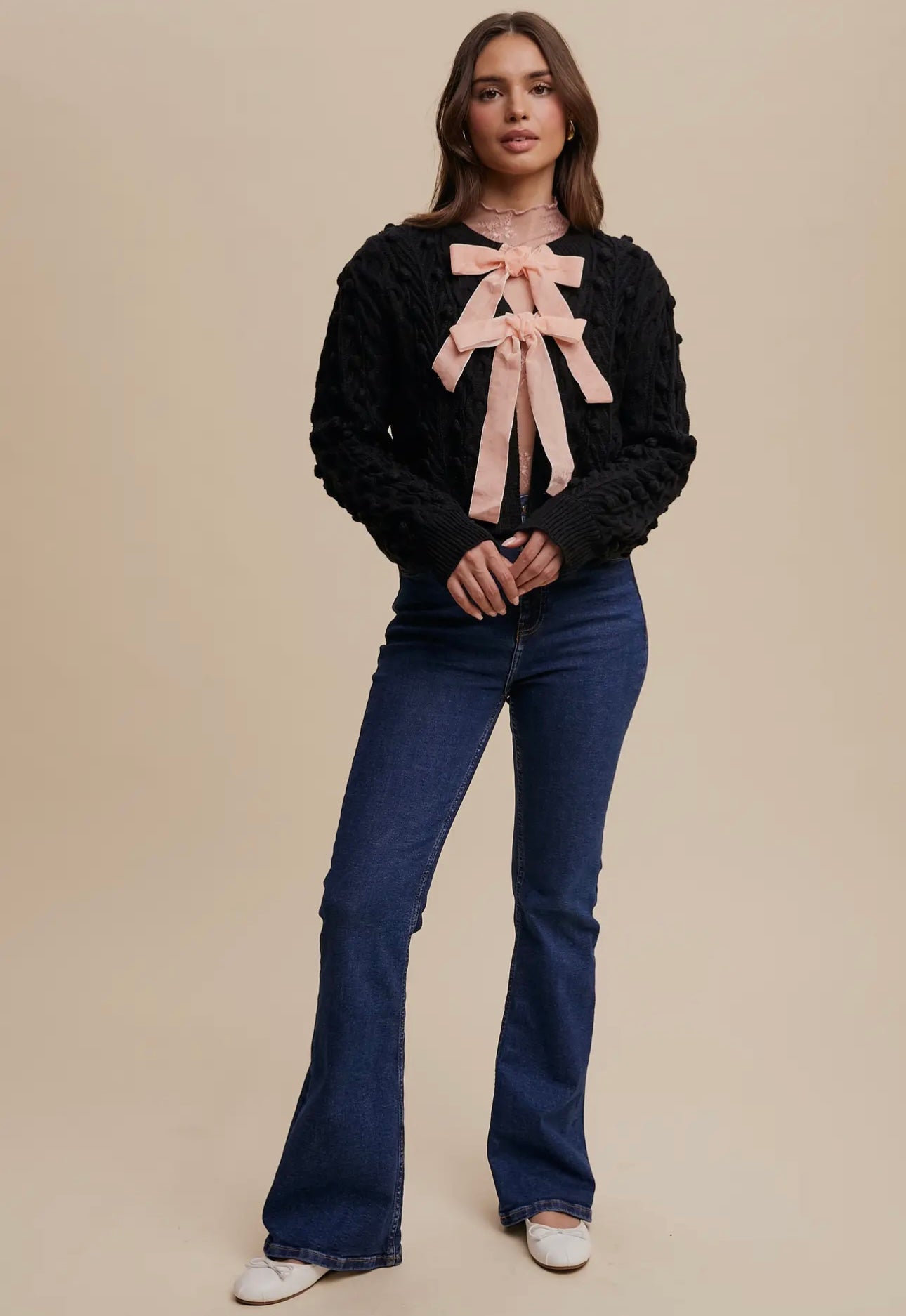 Pom Cable Knit Tie Velvet Bow Cardigan Black/Pink