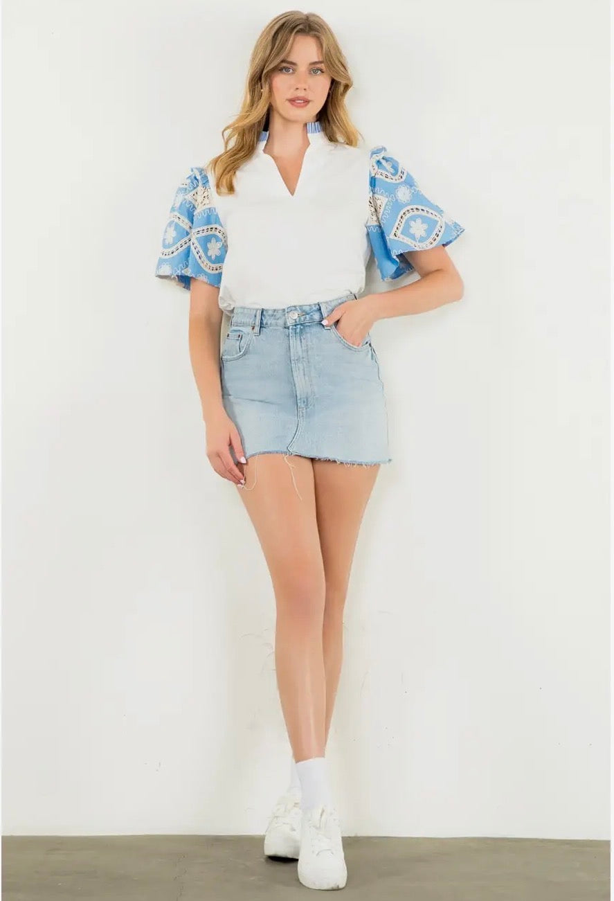 Blue Skies Embroidery Detail Poplin Sleeve Blouse~ THML